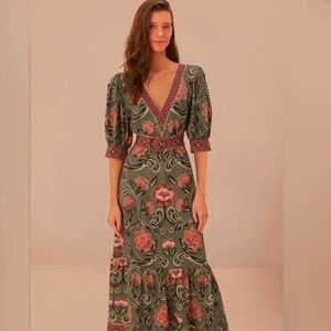 FARM Rio Green and Pink Floral Midi Dress